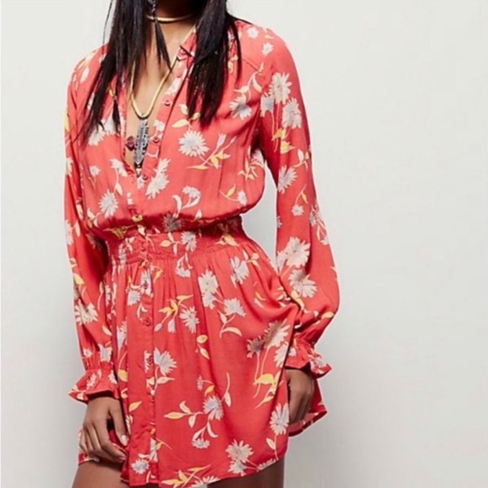 Free People Ruthie Floral Printed Coral Mini Dress Size Small